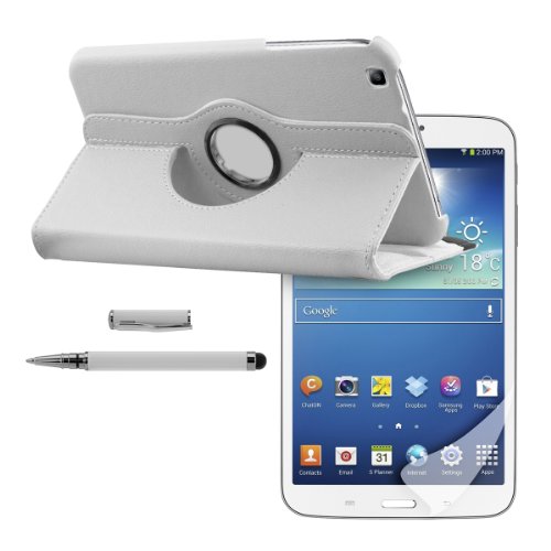 3in1 Set: kwmobile Hülle für Samsung Galaxy Tab 3 8.0 T3100 - 360° Standfunktion Case Tablet Schutzhülle Kunstleder - Smart Cover Tabletcase Weiß + Folie, kristallklar + Stylus, weiß