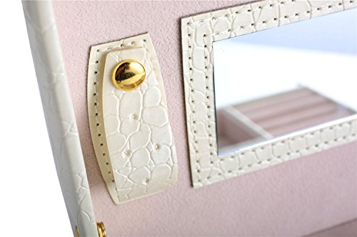 DCCN Schmuckkasten Elegant PU Leder Schmuckkoffer Schmuckschatulle Kosmetikkoffer mit 2 Schubladen Spiegel – Weiß - 8