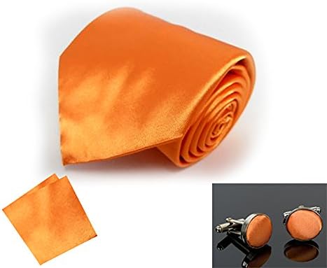 Sendmart Satin Plain Normal Classic Tie Party NeckTie + Pocket Square + CuffLink (Dark Orange)