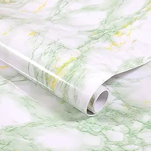 Wolpin Wall Stickers Marble Wallpaper Furniture (60 x 300 cm) Kitchen, Cabinets, Almirah, Tabletop, Plastic Table, Wooden Table, Wardrobe, Renovation PVC DIY Self Adhesive, White and Green