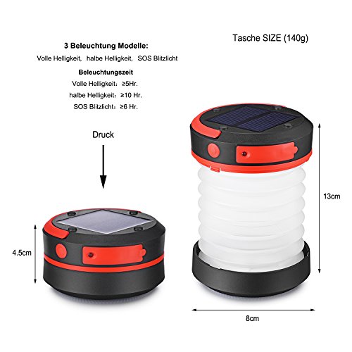Liqoo Solar LED Campinglampe faltbar Zelt Laterne Powerbank Funktion Camping-Leuchte Wasserdicht 3 Stufen Helligkeiten Notfall-leuchte