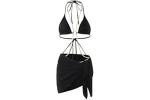 BKEPDY Damskie bikini zestaw bikini z dekoltem w kształcie litery V, push-up trójkąt, 3 sztuki, odkryte plecy, wyszczuplający, elegancki strój kąpielowy, sarongs, plaża plaża plaża owija, czarny, M
