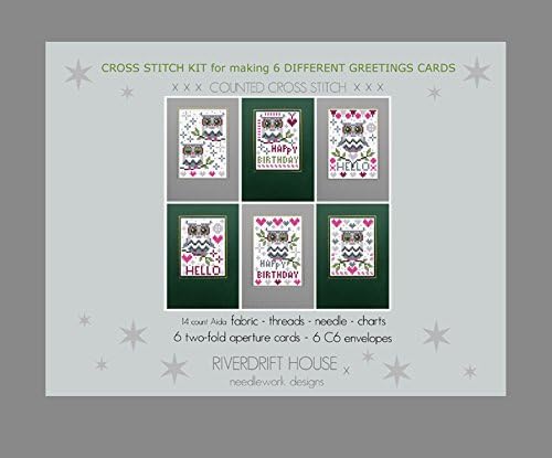 6 CROSS STITCH OWLS HAPPY BIRTHDAY CARDS KIT Dark Green-Grey