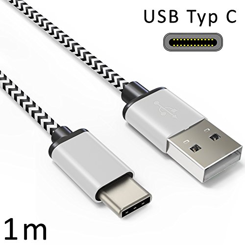 Original COVERLOUNGE – Nylon USB Typ C Kabel [2-Pack] / Datenkabel / Ladekabel [2.1 A] für alle Huawei Smartphones mit USB Typ C Anschluss | Farbe: Weiß / Silber | Länge: 1 Meter / 1m - 3