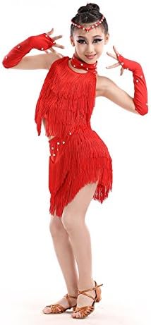 YI WOELD Child Latin Dance Costumes girl Sequins tassel dress blue yellow red , red , l