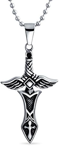 Bling JewelryBiker Jewelry Men's Religious Royal Sword & Angel Wings Cross Pendant Necklace For Men Teen Black Oxidized Silver Tone Stainless Steel