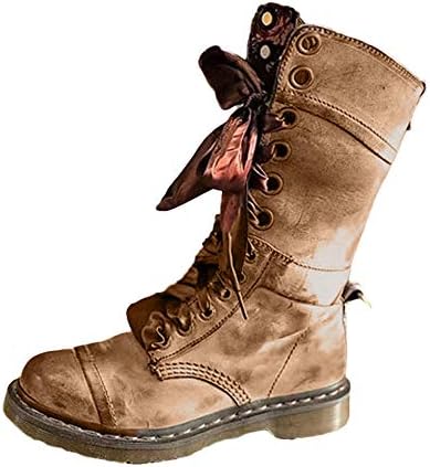 Kobay Women Boot,Ladies Fashion Retro Shoes Leather Middle Boots Non-Slip Round Toe Lace-Up Martin Bootie
