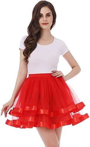 Tsygirls Women's 1950s Hoopless Tutu Short Petticoat Skirt Crinoline Underskirt Slip Red Size L-XL