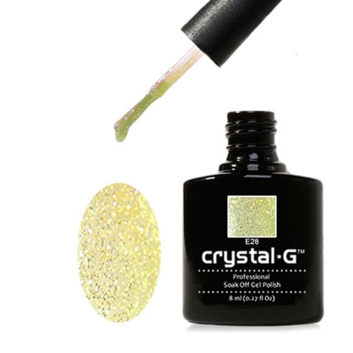 E28 Golden Glitter Gel Polish |Crystal-G, Clear Base with Shimmery Gold Fine Glitter - Professional Salon & Home Use - 8ml - 14 Day High Gloss Wear - No Nicks Chips or Smudges - EU Approved - Designed in UK - Requires drying under UV or LED lamp - Money Back Guarantee