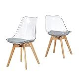 H.J WeDoo Lot de 2 Transparente Scandinave Chaises de Salle à Manger, Rétro Chaises Tulip Tissu Rembourrée en Polycarbonate arrière et Bois de hêtre Massif- Gris