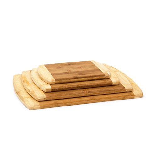 Relaxdays Schneidebrett aus Bambus 4-er Set mit Ständer Küchenbretter in verschiedenen Größen 2-farbiges Holz beidseitig nutzbar und messerschonend als Frühstücksbrettchen und Servierbrett Holz, natur - 3