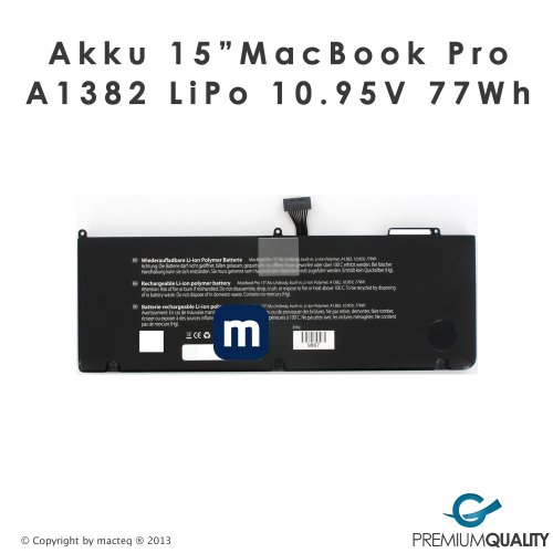 Akku A1382 für MacBook Pro 15 Zoll Unibody MC721 MC723 MD318 MD322 77Wh LiPo 10.95V inklusive OecherWolke.de Gutschein Versand aus Deutschland von macteq