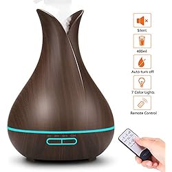 PEYOU Diffuseur d'Huiles Essentielles 400ml,Ultrasonique Humidificateur-Avec Télécommande,7-Couleurs Changeante,automatique sans eau,4 fonctions de minuterie pour maison,bureau,yoga,spa (Brun foncé)