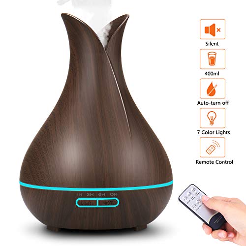 PEYOU Diffuseur d'Huiles Essentielles 400ml,Ultrasonique Humidificateur-Avec Télécommande,7-Couleurs Changeante,automatique sans eau,4 fonctions de minuterie pour maison,bureau,yoga,spa (Brun foncé)