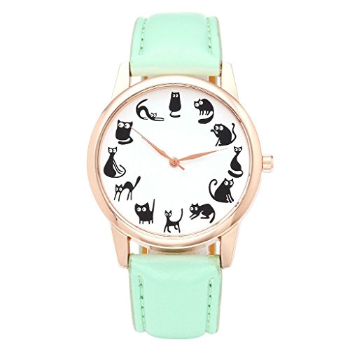 JSDDE Uhren,Fashion Cute Cartoon Kätzchen Katzen Armbanduhr PU Lederband Damenuhr Rosegold Analog Quarzuhr,Mintgrün JSDDE Uhren,Fashion Cute Cartoon Kätzchen Katzen Armbanduhr PU Lederband Damenuhr Rosegold Analog Quarzuhr,Mintgrün