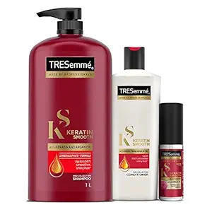 TRESemme Keratin Smooth Shampoo 1L + Conditioner 335ml + Hair Serum 60ml | with Keratin, Argan and Camellia Oil | For salon smooth hair at home | Used by professionals