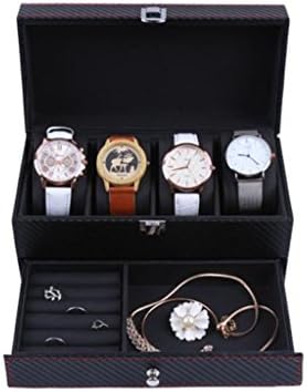 Black 4-bit carbon fiber watch box/wooden double deck drawer jewelry box/ring necklace storage box, holiday gift