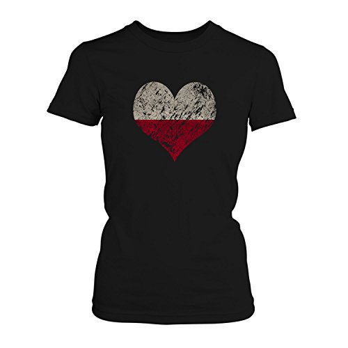 Fashionalarm Damen T-Shirt – I Love Poland | Fun Shirt Trikot mit Vintage Flagge Print für Fußball & Polen Fans | Ostsee Urlaub | EM & WM, Farbe:schwarz;Größe:M