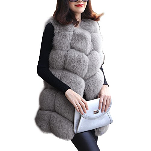 BAINASIQI Women's Warm Gilet Outwear Long Slim Vest Faux Fox Fur Elegant Waistcoat Jacket Coat (S, gray)