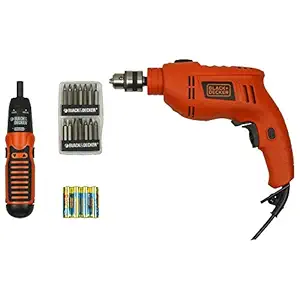 BLACK+DECKER KR554RE 550W 13mm Variable Speed Reversible Hammer Drill Machine with BLACK+DECKER TB555 10mm 550W Reversible Hammer Drill (2-Pieces)