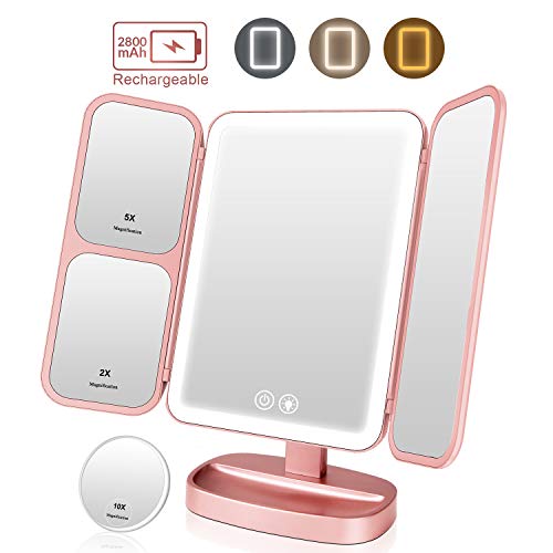 EASEHOLD Miroir Maquillage Lumineux LED Batterie Rechargeable Tri-Pli Grossissement 2X / 5X / 10X 3 Lighting Effects 66 LED 2800mAh 180° Rotation - Rose d'or
