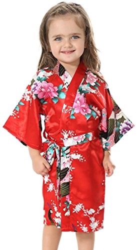FLYCHEN Girl's Satin Kimono Robe for Kids Wedding Dress Gown Red 14