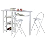 Ensemble STYLE avec table haute de bar mange-debout comptoir avec 3 étagères et 1 porte-bouteilles et 2 chaises/tabourets avec dossier, table et assise en MDF blanc structure en métal laqué blanc