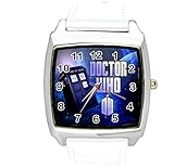 Taport® DR Who, Quarz-Uhr, quadratisch, SCI FI, E2, weißes Echtleder-Armband, inklusive Ersatzakku und Geschenkbeutel