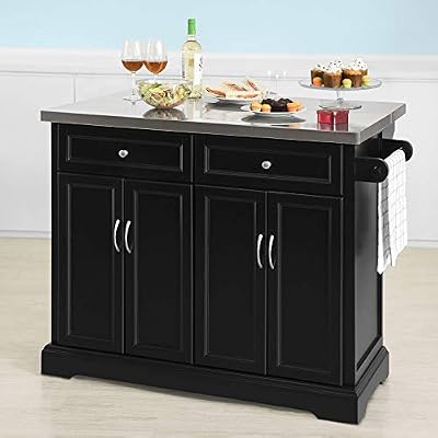 SoBuy® FKW71-Sch Desserte sur roulettes Meuble de Cuisine de Service Roulant en Bois avec Plans de Travail Rabattable en Acier INOX - Grande Armoire de Rangement - Noir