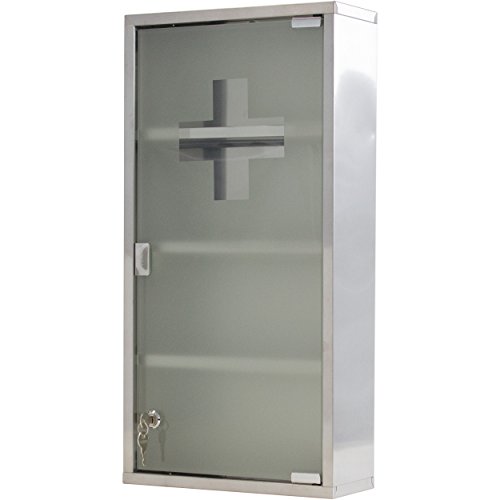Oxid7® Medizinschrank Arzneischrank Erste Hilfe Schrank 30 x 13 x 60 cm - mit 4 Fächern und Glas-Tür zum Abschließen mit 2 Schlüsseln für kindersichere Medikamenten Lagerung