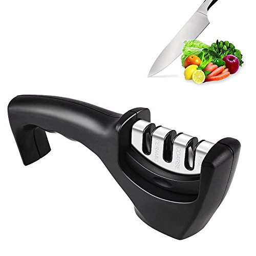 Preisvergleich Produktbild OUKER Messerschärfer Messerschleifer, Klingenschärfer 3 Sufen Messerschleifer für Edelstahl und Keramikmesser aller Größen,Enorm Effektiv,Rutschfestem(Schwarz)