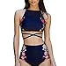 Produktbild Internet Damen Retro Blumen Drucken Bademode Sexy Neckholder Push-Up Bra Beach Bikini Set Hoher Taille Split Badeanzug Swimwear Shorts Tops mit Bikini Höschen Zweiteilig Schwimmanzug (Schwarz, S)
