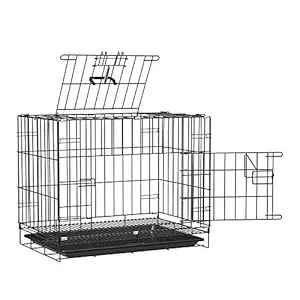 PSK PET MART Double Door Folding Metal cage with Removable Tray and paw Protector for Dogs,Cats and Rabbits 36 Inch Sky Black