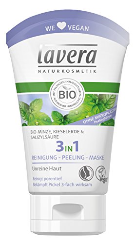 lavera 3in1 ∙ Reinigung - Peeling - Maske ∙ Reinigt Porentief ∙ Bio Minze & Salizylsäure ∙ Unreine Haut ∙ Gesichtsreinigung ∙ vegan ✔ Bio ✔ Naturkosmetik ✔ Natural ✔ Gesichtspflege 4er Pack (4x125ml)