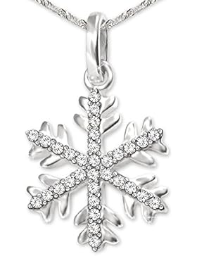 CLEVER SCHMUCK-SET Silberner Anhänger kleine Schneeflocke Ø 13 mm mit vielen kleinen Zirkonias weiß glänzend und...