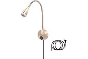 ACMHNC Apliques de Pared Interior Con Interruptor, Apliques de Lectura de Cuello de Cisne LED 3W Lámpara de Pared de Bronce Con Enchufe, Blanca Cálida, Ajustable 360 ​​°, Cable de 1.8M