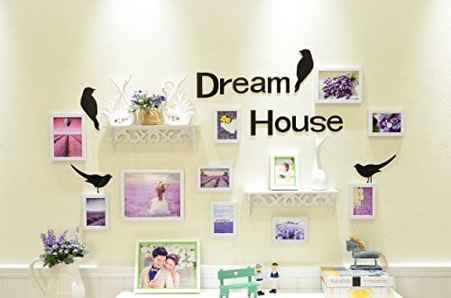 British Home Deco Multi Picture Frames Kit, Pack of 10 White Picture Frames Collage Wall Mount Frames with Birds Wall Stickers, Picture Cards, Shelves &amp; Accessory Pack, 5, 7 &amp; 10 inch, PS10HB