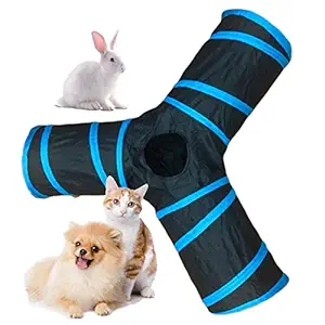 Western Era Cat Tunnel Toy 3 Way Collapsible for Indoor & Outdoor Play with Hanging Toy Ball for Cat, Rabbit, Guinea Pig (Blue)