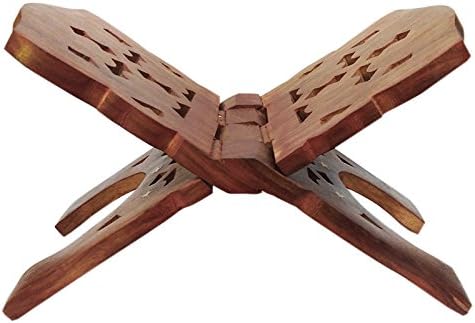 Wooden Religious Quran Holder Book Brown Medium size Stand Rihal Rehal Reading Book Rest Fold-able Stand with Intricate Hand Carvings