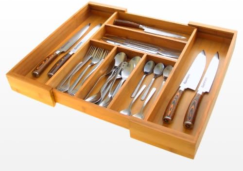 Kitchen Cutlery Flatware Tray, Drawer Inserts Organiser, Made of Natural Bamboo (Expandable 7 compartments)