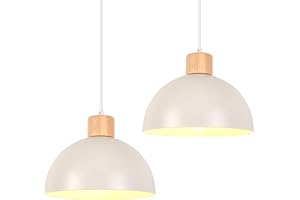 iDEGU 2 Piezas Lámparas Colgante Moderna, 25CM LED Lámpara de Techo en Hierro y Madera Estilo Escandinavo Iluminación Colgante E27 Retro Luz de Techo Interior para Salón Comedor Cocina (Blanco)