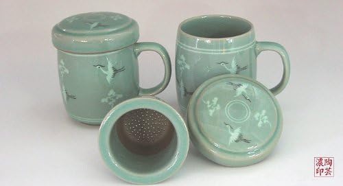 2 Celadon Glaze Crane Bird Cloud Design Personal Green Ceramic Pottery Porcelain Loose Leaf Tea Steeping Brew Mesh Infuser Strainer Filter Cup Mug Teacup Lid Gift Set