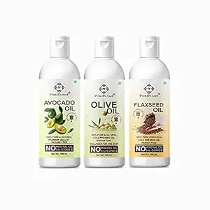 PuriFlame 100% Pure Avocado Oil 100ML & Olive Oil 100ML & Flaxseed Oil 100ML Combo For Rapid Hair Growth, Anti Hair Fall, Split Ends & Promotes Softer & Shinier Hair (Pack Of 3)