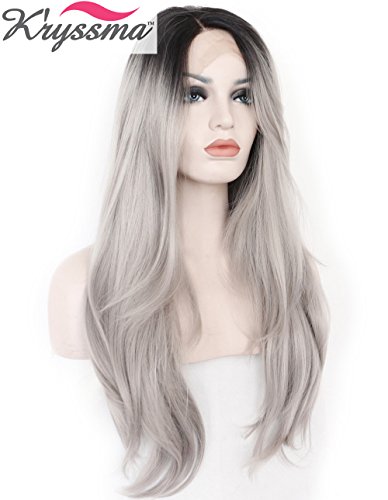 K’ryssma Grau Wavy Ombre Perücke Synthetische Lace Front Perücken Schwarz Roots Natur Glattes Haar Hitze Sicher 22 inch - 2