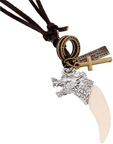 Injoy Jewelry Mens Leather Pendant Necklace Adjustable Tribal Wolf Tooth Pendant Leather Necklace Chain, Ancient Silver Color