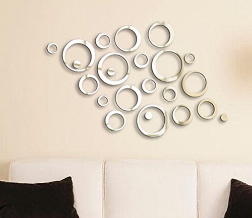 Moderne Kreis Spiegel 3D Spiegel Wandtattoo Wanddeko Wanddekoration Zimmer Aufkleber Spiegeleffekt mit Wischtuch aus Mikrofaser (rund, silber) - 2