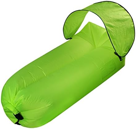 Inflatable Lounger Portable Folding Sleeping Bed Sofa Couch Chair Lay Bag Waterproof Nylon with Bag Pockets and Detachable Sun Canopy for Indoor Outdoor Hangout Camping Picnic (Shiny Green)