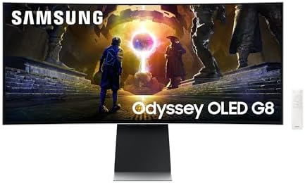 Samsung Monitor Gaming Odyssey OLED G8 (S34DG850), Curvo (1800R), 34'', 3440x1440 (WQHD), 21:9, HDR10+, QD-OLED Glare Free, 175Hz, 0,03ms (GtG), Compatibilità G-Sync, HDMI, USB, DP, WiFi, Casse, HAS