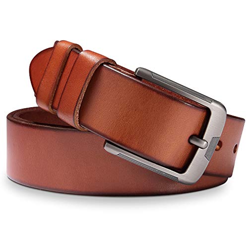 Mens Leather Belt, BESTKEE 100% Full Grain Real Leather with Anti-Scratch Pin Buckle, Great for Jeans, Casual, Cowboy & Business Work (Brown, 120cm (waist 33"-40"))