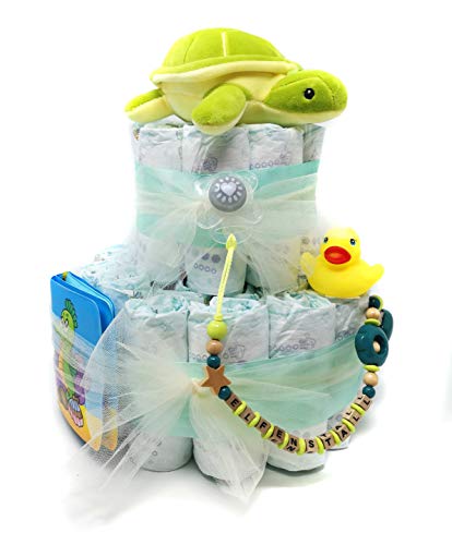Preisvergleich Produktbild Elfenstall Windeltorte / Pamperstorte mit Schnullerkette und Schnuller + süßem Schildkröten Stofftier, kleinem Badeentchen und ein Badebuch als tolles Geschenk zur Geburt oder Taufe auf Wunsch mit Name des Babys